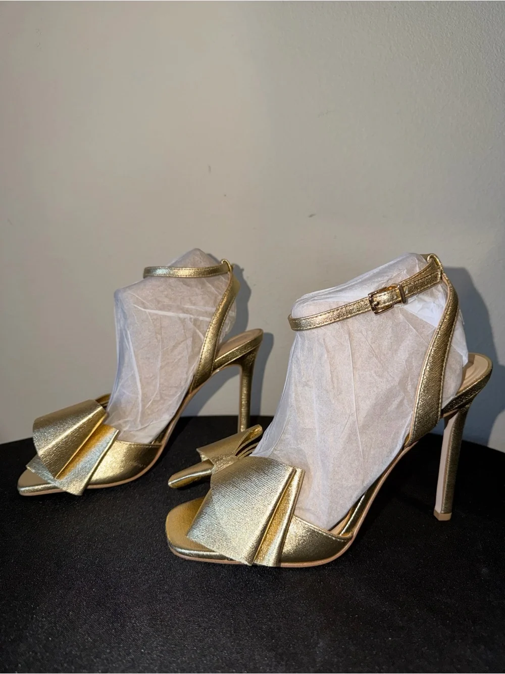 Jessica Simpson “Olivine” Gold Bow Ankle-Strap High Heels